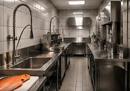 Área de abertura e lavagem de peixes em inox